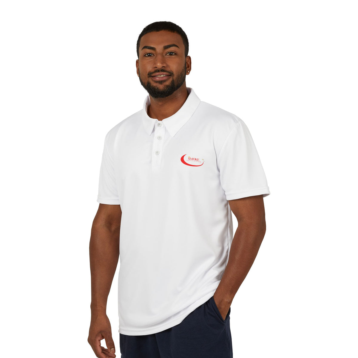 Minimal Curved Logo Polo Shirt — Small Red Swoosh Chest Logo