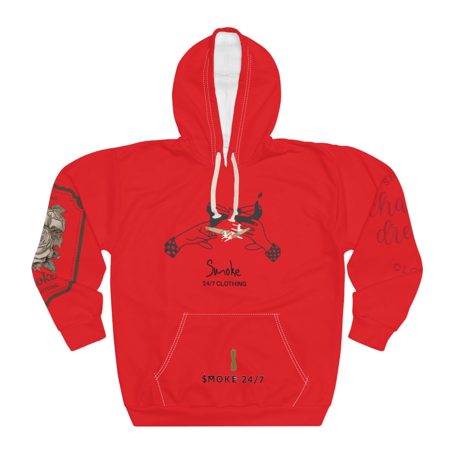 Smoke 24/7 Red Hoodie — Rose & Cigar Graphic Pullover