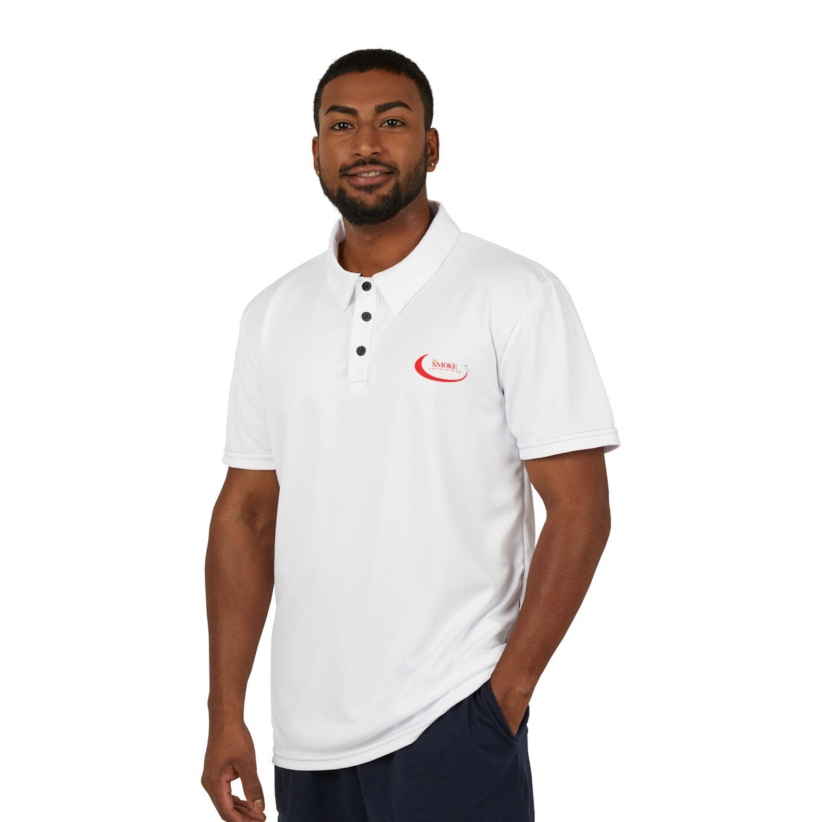Minimal Curved Logo Polo Shirt — Small Red Swoosh Chest Logo