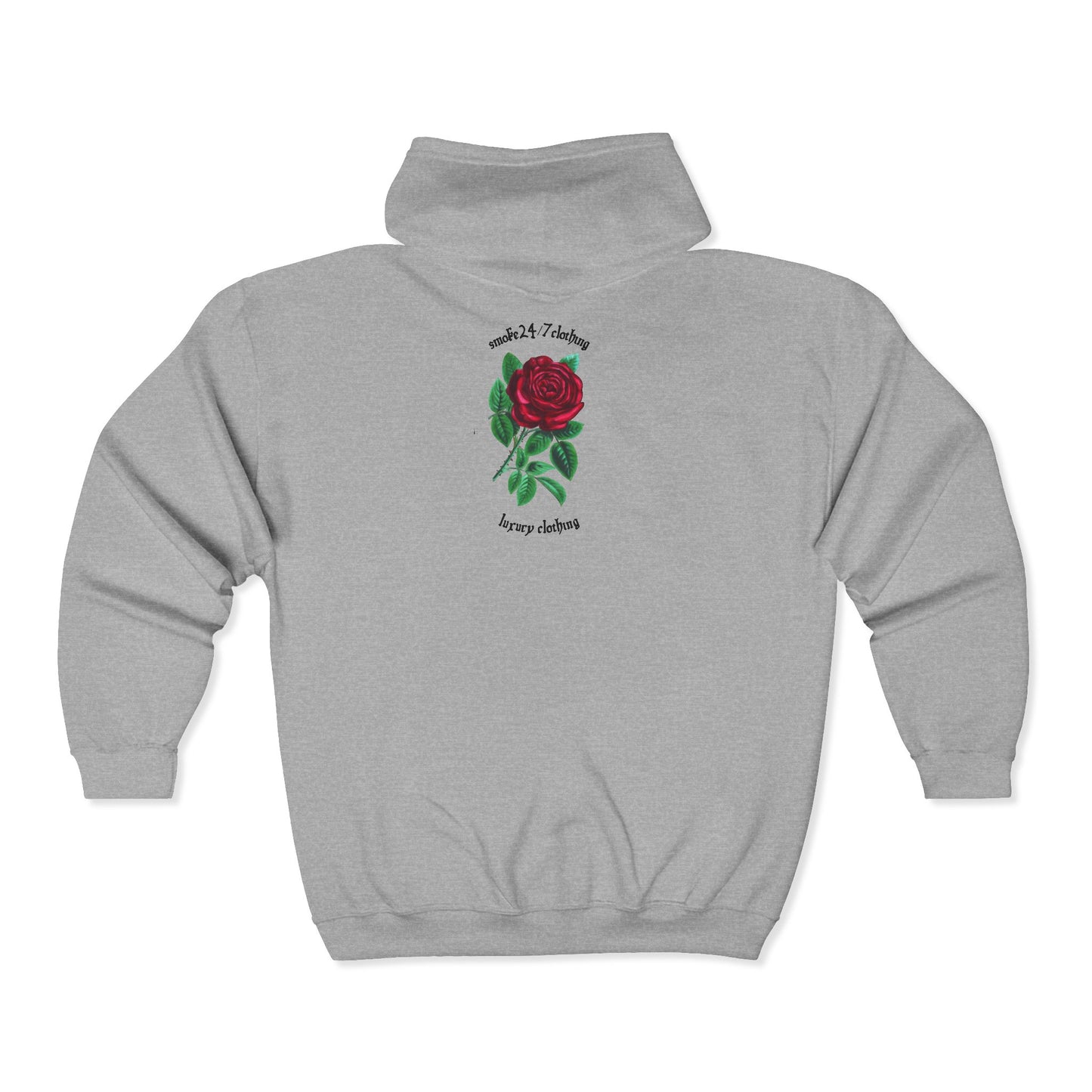 Rose Graphic Zip Hoodie — "Smoke 24/7" Gothic Rose Streetwear