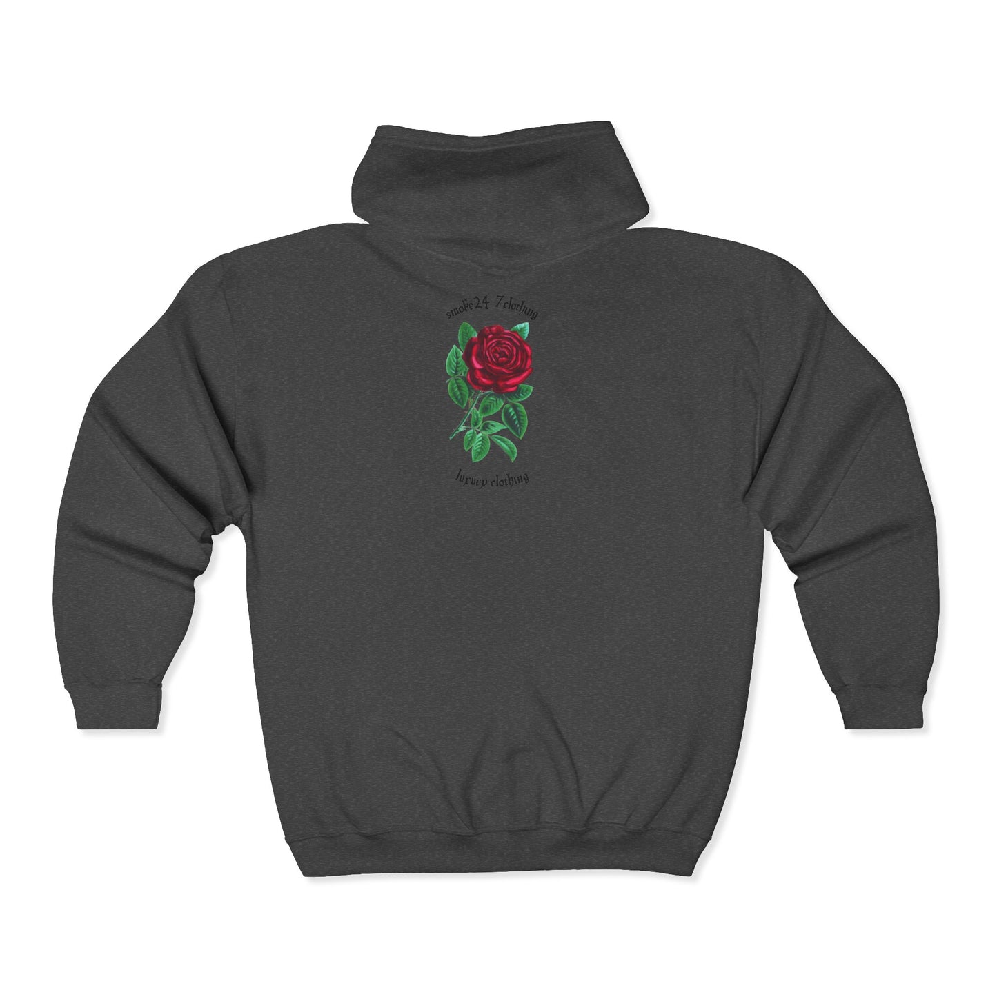 Rose Graphic Zip Hoodie — "Smoke 24/7" Gothic Rose Streetwear